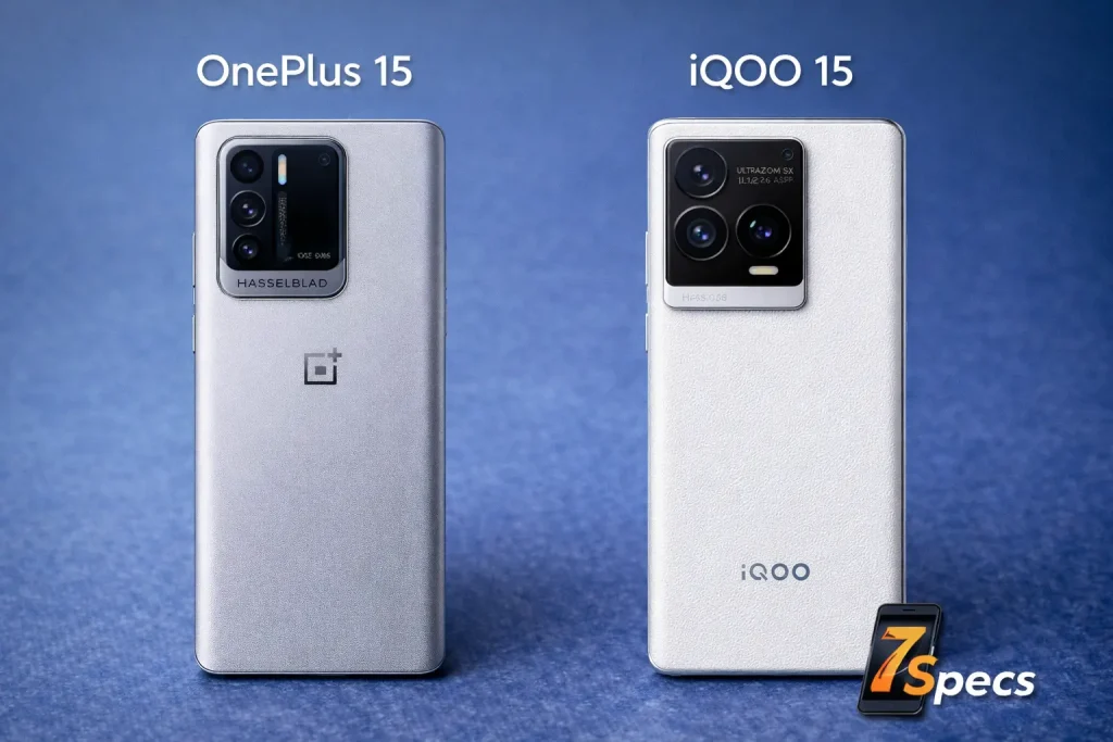 OnePlus 15 and iQOO 15 smartphones shown side by side on a blue background, highlighting rear design and camera modules