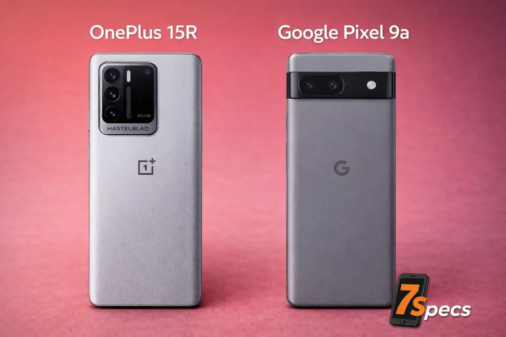 OnePlus 15R vs Google Pixel 9a smartphones shown side by side, highlighting rear design and camera layout
