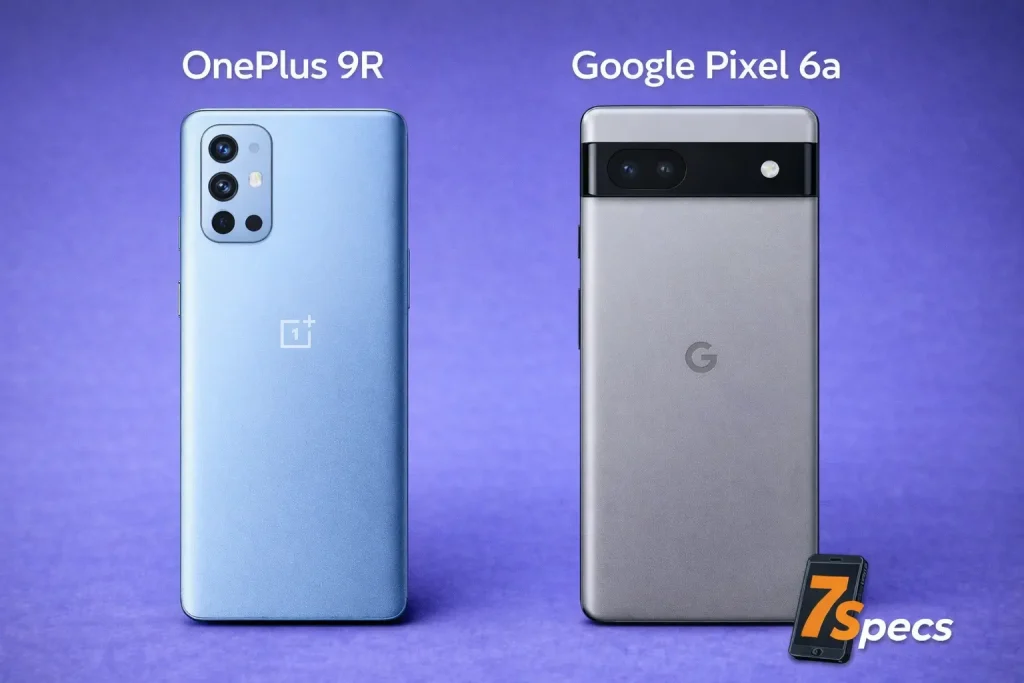 OnePlus 9R vs Google Pixel 6a shown side by side, highlighting rear design and camera layout on a plain background
