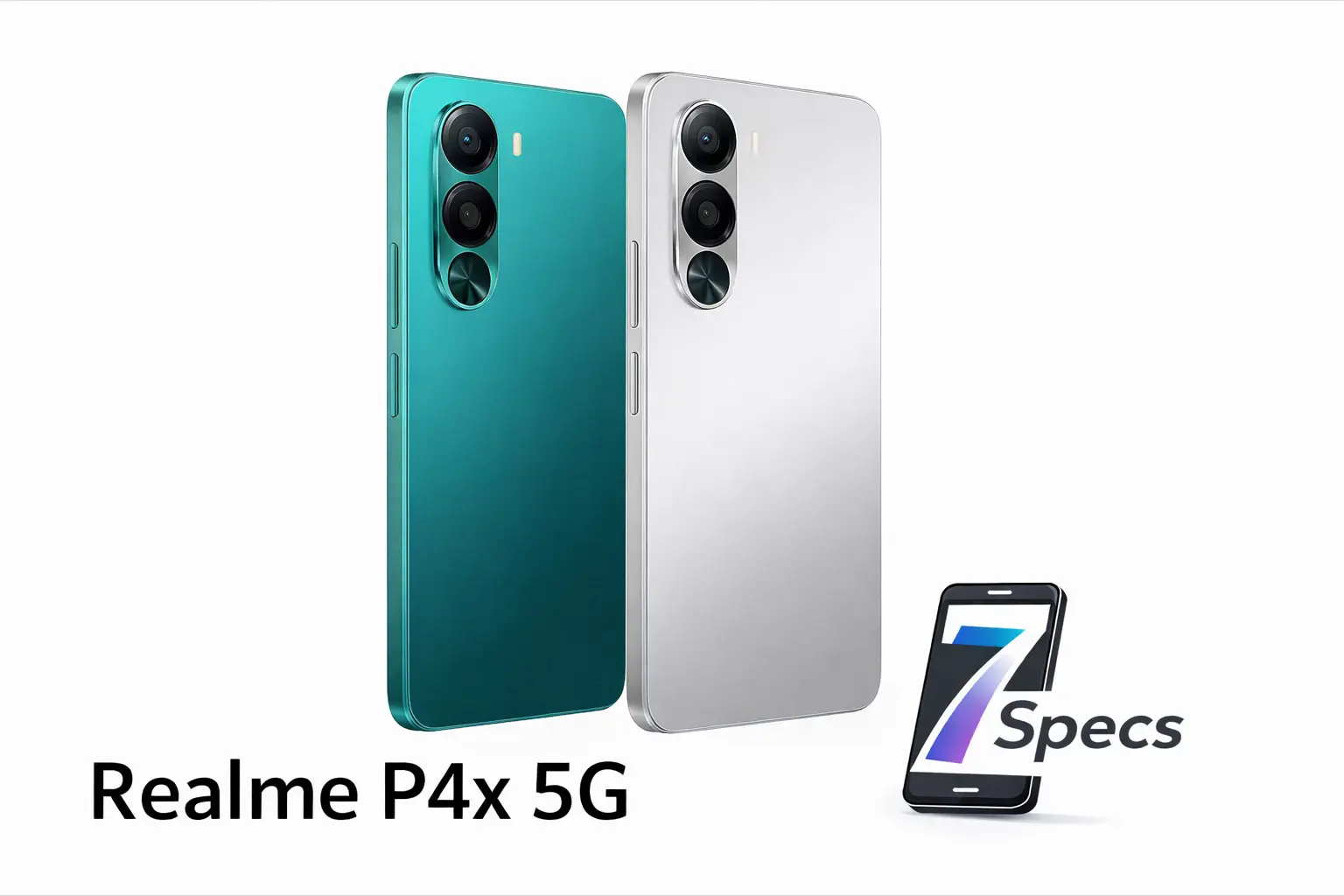 Realme P4x 5G Review: Is It The Best Budget 5G Phone in India After 2 Months? - Seven Specs Realme P4x 5G showing rear, front, and side edge design with clear labels and Sevenspecs watermark on a clean single-color background