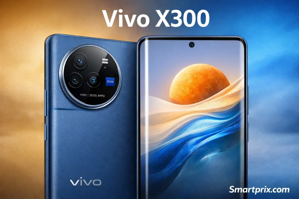 Vivo X300 smartphone showing rear camera module and curved edge AMOLED display in blue color