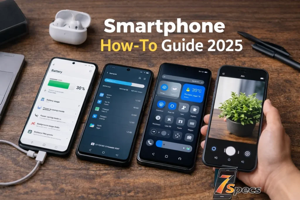Smartphone how-to guide showing battery, storage, settings and camera usage on modern smartphones